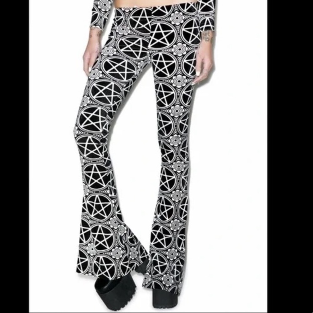 KILLSTAR Black and White Velvet Pentagram Flared Leggings